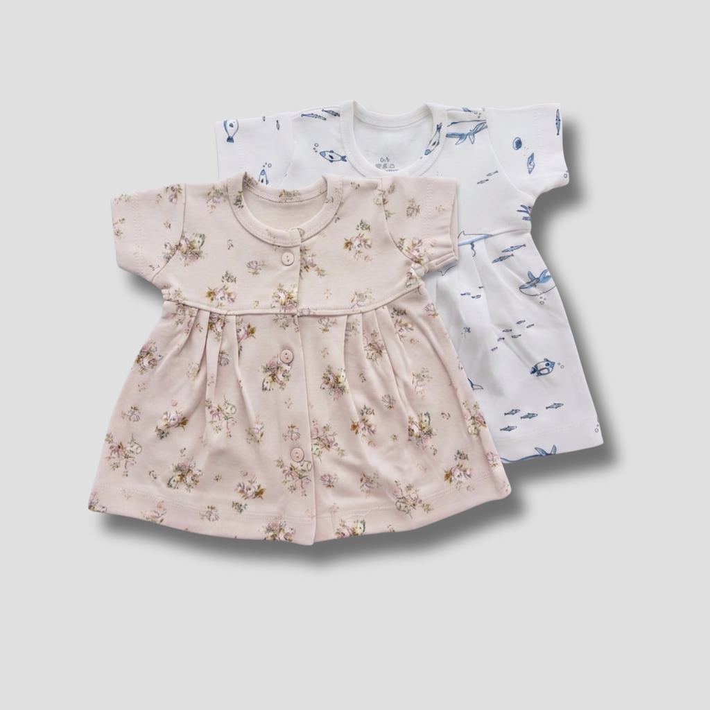 Newborn Cotton Frock Combo | Floral & Ocean Print Pack of 2