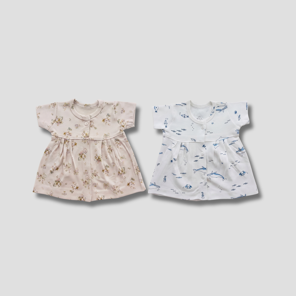 Newborn Cotton Frock Combo | Floral & Ocean Print Pack of 2